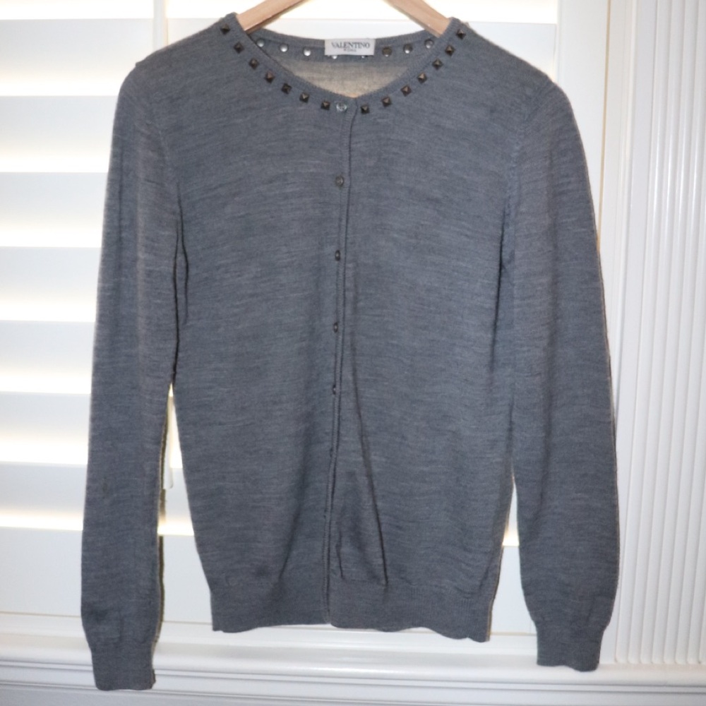 Valentino Roma Rockstud Studded Gray Wool Cardigan Size Medium
